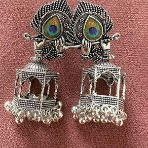 Silver Peacock Jhumka Earrings